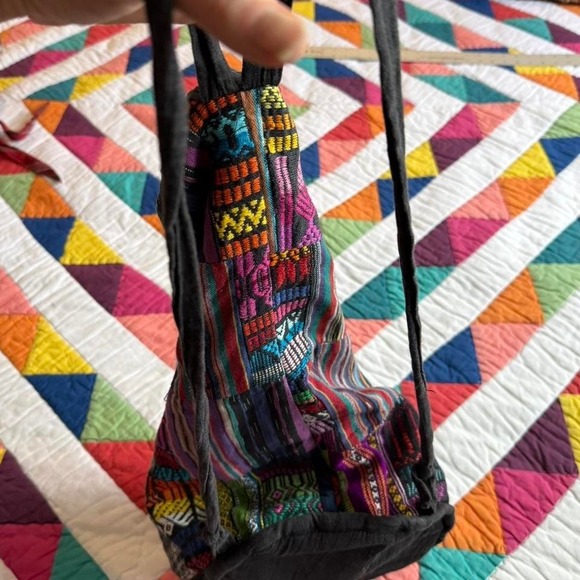 Multicolored Patchwork Drawstring Backpack Guatemalan Textile - Picture 7 of 8